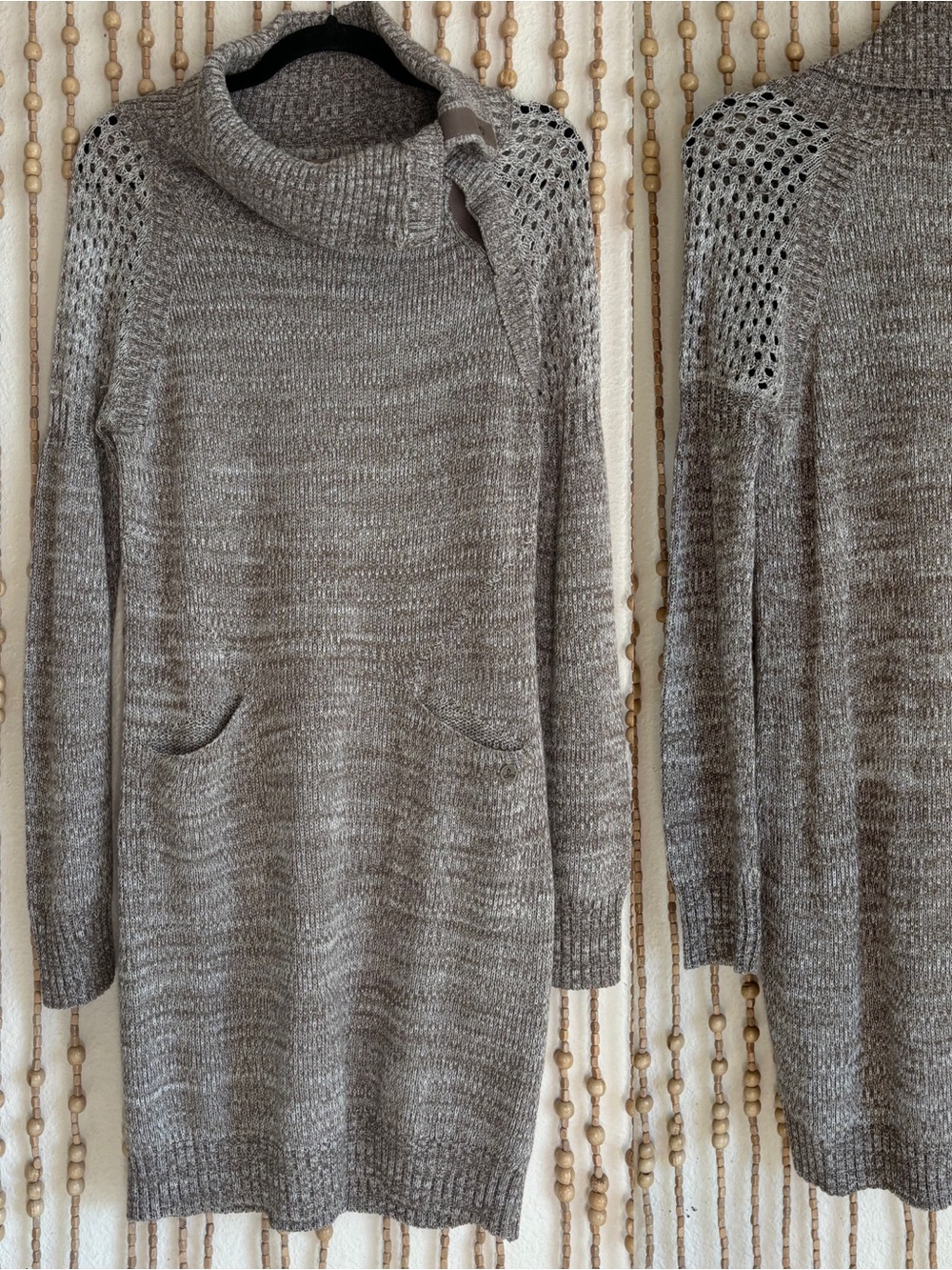 PrAna Wool Taupe Marled Knit Archer Cowl Button Long Sleeve Pocket Sweater Dress